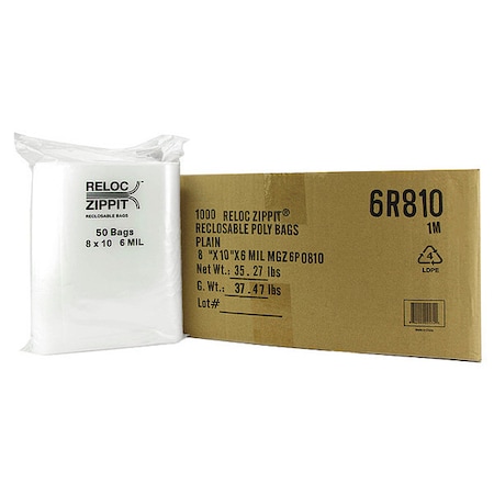 Reloc Zippit Reclosable Bag, Zip Seal, 10 in L, 8 in W, 6 mil Thick, Polyethylene, Clear 6R810