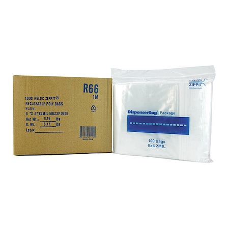 Reloc Zippit Reclosable Bag, Zip Seal, 6 in L, 6 in W, 2 mil Thick, Polyethylene, Clear R66
