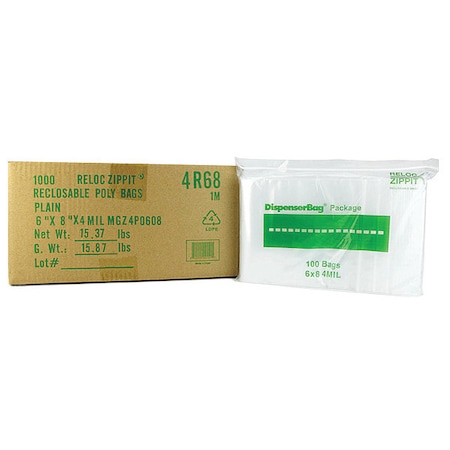 Reloc Zippit Reclosable Bag, Zip Seal, 8 in L, 6 in W, 4 mil Thick, Polyethylene, Clear 4R68