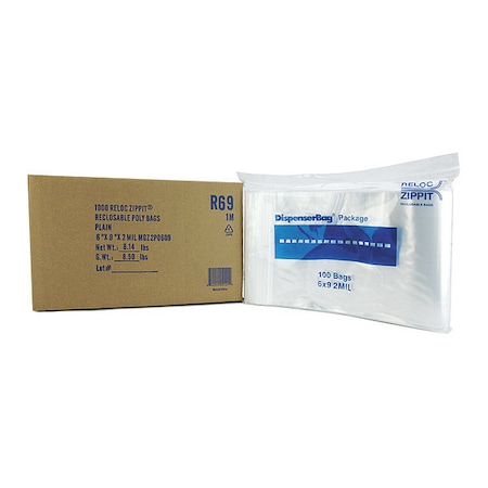 Reloc Zippit Reclosable Bag, Zip Seal, 9 in L, 6 in W, 2 mil Thick, Polyethylene, Clear R69