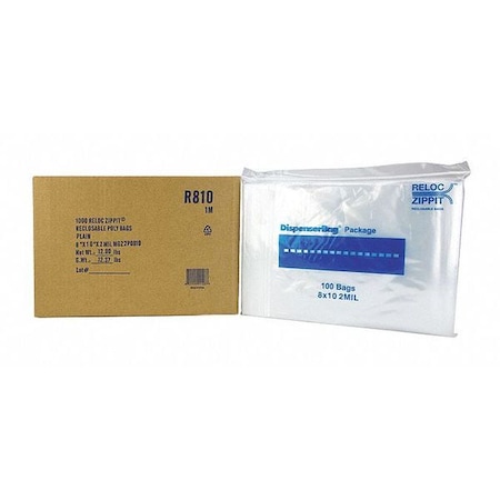 Reloc Zippit Reclosable Bag, Zip Seal, 10 in L, 8 in W, 2 mil Thick, Polyethylene, Clear R810