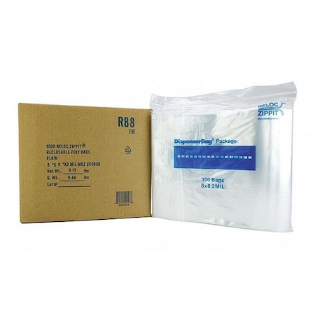 Reloc Zippit Reclosable Bag, Zip Seal, 8 in L, 8 in W, 2 mil Thick, Polyethylene, Clear R88