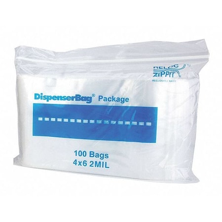 Reloc Zippit Reclosable Bag, Zip Seal, 6 in L, 4 in W, 2 mil Thick, Polyethylene, Clear R46