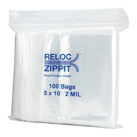Reloc Zippit Reclosable Bag, Zip Seal, 10 in L, 5 in W, 2 mil Thick, Polyethylene, Clear R510