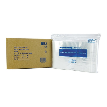 Reloc Zippit Reclosable Bag, Zip Seal, 8 in L, 6 in W, 2 mil Thick, Polyethylene, Clear R68