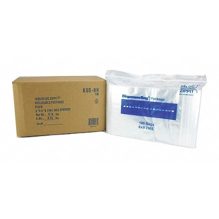 Reloc Zippit Reclosable Bag, Zip Seal, 9 in L, 6 in W, 2 mil Thick, Polyethylene, Clear R69-HH