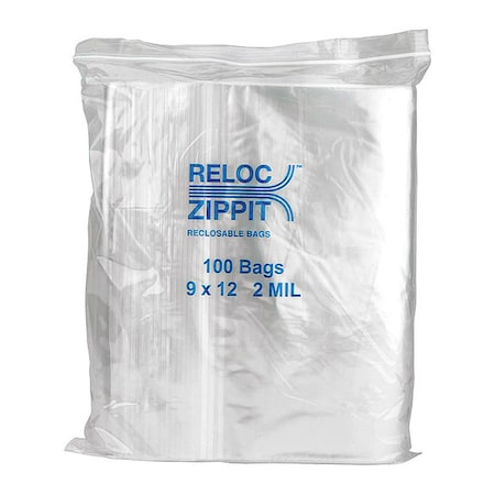 Reloc Zippit Reclosable Bag, Zip Seal, 12 in L, 9 in W, 2 mil Thick, Polyethylene, Clear R912