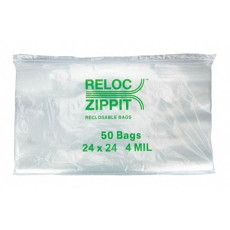 Reloc Zippit Reclosable Bag, Zip Seal, 24 in L, 24 in W, 4 mil Thick, Polyethylene, Clear 4R2424