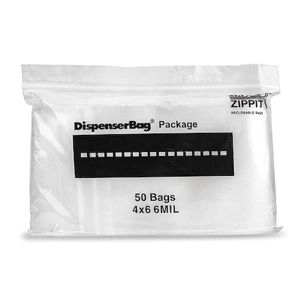 Reloc Zippit Reclosable Bag, Zip Seal, 6 in L, 4 in W, 6 mil Thick, Polyethylene, Clear 6R46