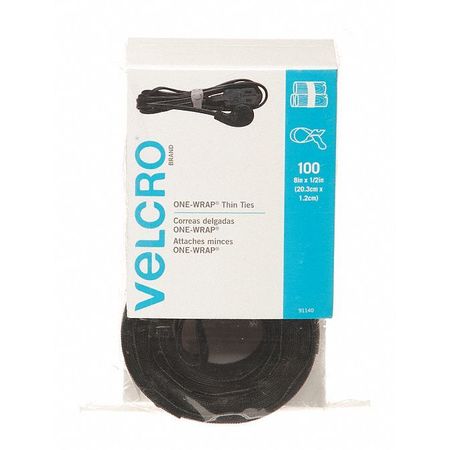 VELCRO BRAND 1/2" W x 8" L Hook-and-Loop Black One-Wrap Thin Strap, 100 pk. 95172