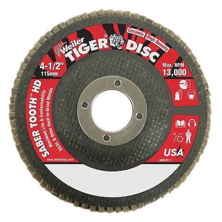 Weiler 4-1/2 Tiger Ceramic High Density (TY27) Abrasive 40C 7/8" Arbor Hole 50130