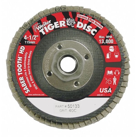 Weiler 4-1/2 Tiger Ceramic High Density (TY27) Abrasive 40C 5/8"-11 UNC Nut 50133