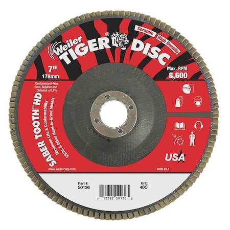 Weiler 7" Tiger Ceramic High Density (TY27) Abrasive 40C 7/8" Arbor Hole 50136