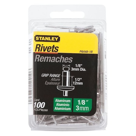 Stanley Blind Rivet, Dome Head, 1/8 in Dia., 1/2 in L, Aluminum Body, 100 PK PAA48-1B