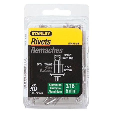 Stanley Blind Rivet, Dome Head, 3/16 in Dia., 1/2 in L, Aluminum Body, 50 PK PAA68-5B