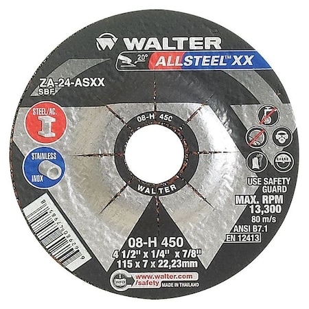 Walter Surface Technologies Depressed Center Grinding Wheel, Type 27, 4 1/2 in Dia, 0.25 in Thick, 7/8 in Arbor Hole Size 08H450