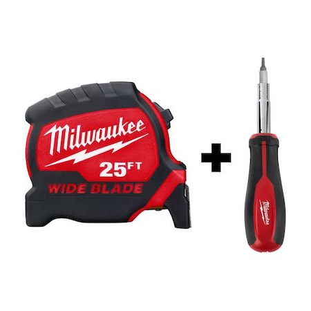 Milwaukee Tool Wide Blade Tape Measure, 25 ft and Screwdriver 48-22-0225, 48-22-2761