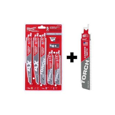 Milwaukee Tool 5PC SAWZALL Carbide Wood & Metal Reciprocating Saw Blade Set + 6" 8TPI TORCH w/ CARBIDE TEETH 49-22-5505, 48-00-5201
