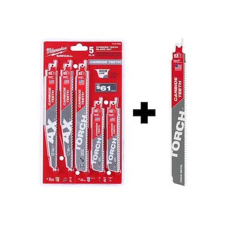 Milwaukee Tool 9" 8TPI The TORCH w/ CARBIDE TEETH + SAWZALL Carbide Wood & Metal Reciprocating Saw Blade Set, 5PC 49-22-5505, 48-00-5202
