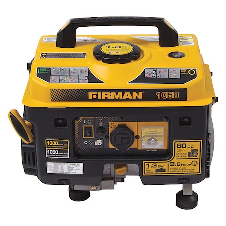 Firman Portable Generator, Gasoline, 1050 Rated, 1300 Surge, Recoil Start, 120VAC, 20 FGP01001
