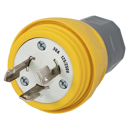 Hubbell Wiring Device-Kellems Watertight Locking Plug, Non-NEMA, 30 A, 125/250V AC, Single Phase, 3 Pole, Screw Terminals, Yellow HBL28W08