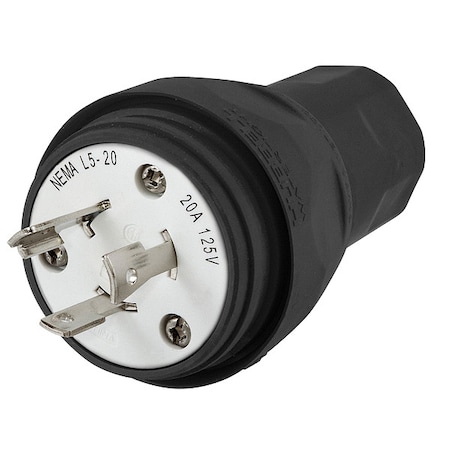 Hubbell Wiring Device-Kellems Watertight Locking Plug, L5-20P, 20 A, 125V AC, Single Phase, 2 Pole, Screw Terminals, Black HBL26W47BK