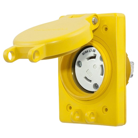 Hubbell Wiring Device-Kellems Watertight Flanged Locking Receptacle, L7-30R, 30 A, 277V AC, Single Phase, 2 Pole, Flush Mount HBL69W49