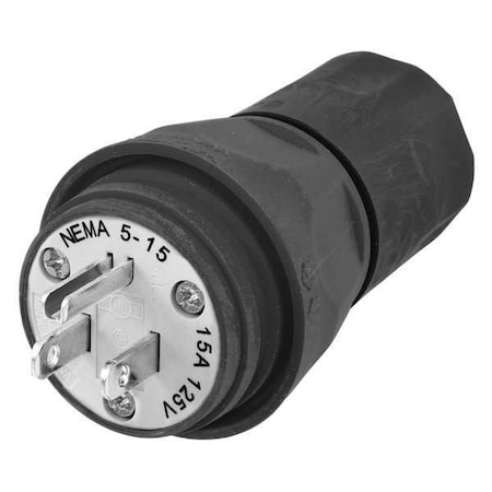 Hubbell Wiring Device-Kellems Watertight Straight Blade Plug, 5-15P, 15 A, 125V AC, 2 Pole, Screw Terminals, Grounded HBL14W47BK