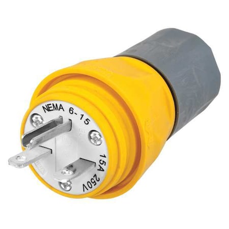 Hubbell Wiring Device-Kellems Watertight Straight Blade Plug, 6-15P, 15 A, 250V AC, 2 Pole, Screw Terminals, Grounded HBL14W49