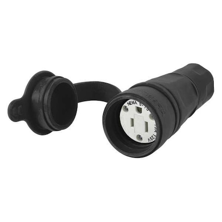 Hubbell Wiring Device-Kellems Watertight Straight Blade Connector, 5-15R, 15 A, 125V AC, 2 Pole, 3 Wire, Screw Terminals, Black HBL15W47BK