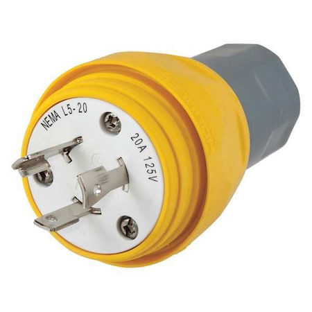 Hubbell Wiring Device-Kellems Watertight Locking Plug, L5-20P, 20 A, 125V AC, Single Phase, 2 Pole, Screw Terminals, Yellow HBL26W47