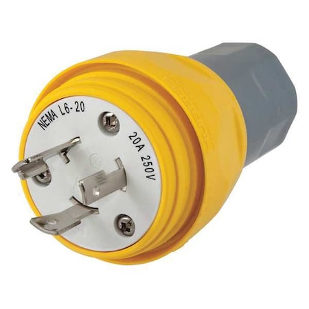 Hubbell Wiring Device-Kellems Watertight Locking Plug, L6-20P, 20 A, 250V AC, Single Phase, 2 Pole, Screw Terminals, Yellow HBL26W48
