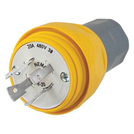 Hubbell Wiring Device-Kellems Watertight Locking Plug, L16-20P, 20 A, 480V AC, Three Phase, 3 Pole, Screw Terminals, Yellow HBL26W76