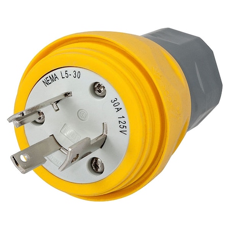 Hubbell Wiring Device-Kellems Watertight Locking Plug, L5-30P, 30 A, 125V AC, Single Phase, 2 Pole, Screw Terminals, Yellow HBL28W47