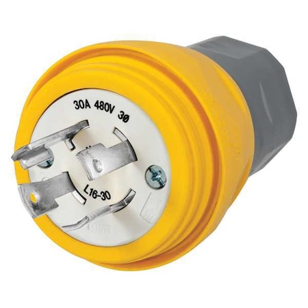 Hubbell Wiring Device-Kellems Watertight Locking Plug, L16-30P, 30 A, 480V AC, Three Phase, 3 Pole, Screw Terminals, Yellow HBL28W76