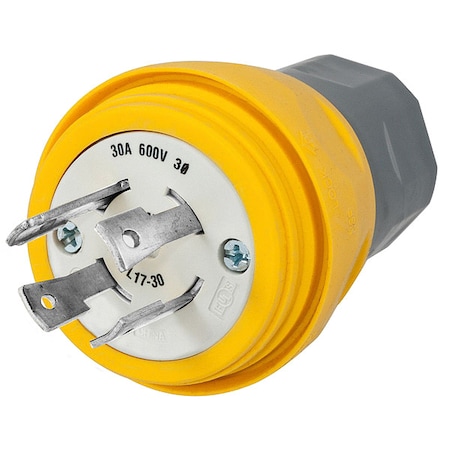 Hubbell Wiring Device-Kellems Watertight Locking Plug, L17-30P, 30 A, 600V AC, Three Phase, 3 Pole, Screw Terminals, Yellow HBL28W77
