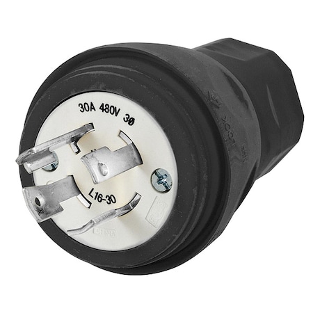 Hubbell Wiring Device-Kellems Watertight Locking Plug, L16-30P, 30 A, 480V AC, Three Phase, 3 Pole, Screw Terminals, Black HBL28W76BK