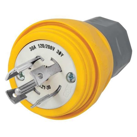 Hubbell Wiring Device-Kellems Watertight Locking Plug, L21-30P, 30 A, 120/208V AC, Three Phase, 4 Pole, Screw Terminals, Yellow HBL28W81