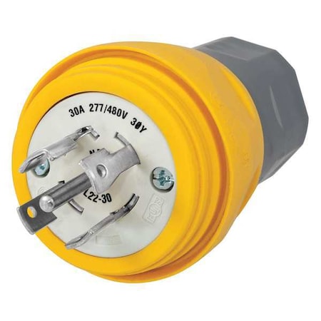Hubbell Wiring Device-Kellems Watertight Locking Plug, L22-30P, 30 A, 277/480V AC, Three Phase, 4 Pole, Screw Terminals, Yellow HBL28W82