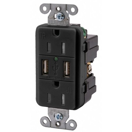 Hubbell Wiring Device-Kellems USB Charger Receptacle, 15 Amps, 125V AC, Flush Mount, Decorator Duplex Outlet, 5-15R, Black USB15X2BK