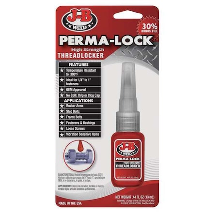 J-B Weld Threadlocker, J-B WELD Perma-Lock, Red, High, Liquid, 0.44 fl oz, Bottle 27113