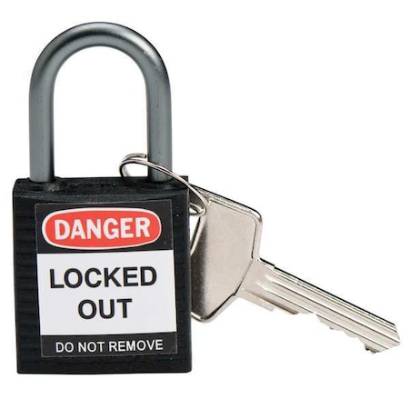 Brady Lockout Padlock, Keyed Different, Nylon, Black, 1 in Shackle Height, 1 3/16 in Body Width 143166