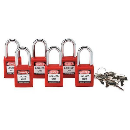 Brady Lockout Padlock, Keyed Alike, Nylon, Red, 1 1/2 in Shackle Height, 1 1/2 in Body Width, 6 PK 105890