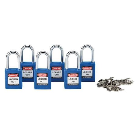 Brady Lockout Padlock, Keyed Alike, Nylon, Blue, 1 1/2 in Shackle Height, 1 1/2 in Body Width, 6 PK 105891