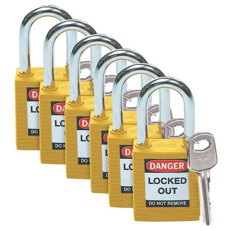 Brady Lockout Padlock, Keyed Alike, Nylon, Yellow, 1 1/2 in Shackle Height, 1 1/2 in Body Width, 6 PK 105892