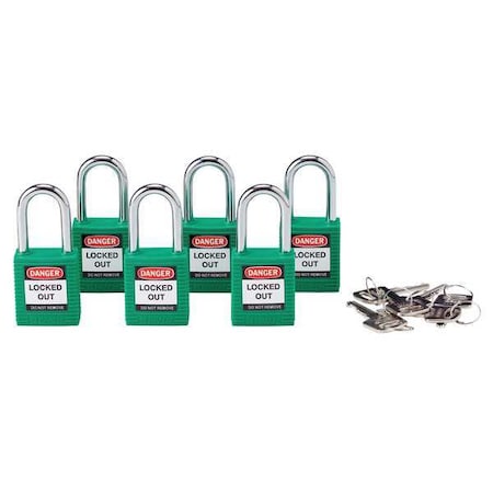 Brady Lockout Padlock, Keyed Alike, Nylon, Green, 1 1/2 in Shackle Height, 1 1/2 in Body Width, 6 PK 105893