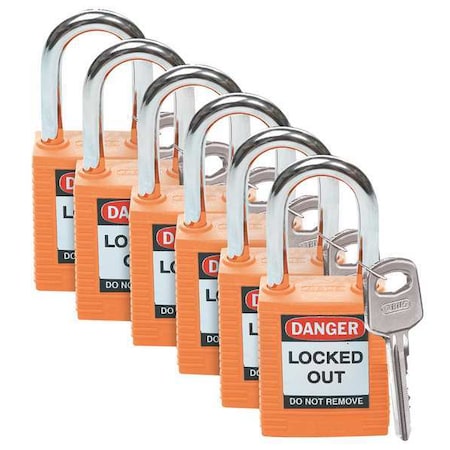 Brady Lockout Padlock, Keyed Alike, Nylon, Orange, 1 1/2 in Shackle Height, 1 1/2 in Body Width, 6 PK 123270