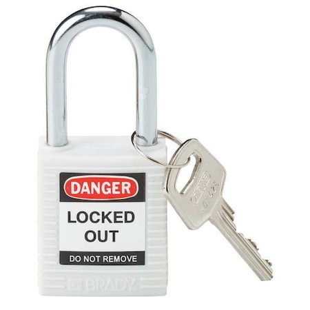 Brady Lockout Padlock, Keyed Different, Nylon, White, 1 1/2 in Shackle Height, 1 1/2 in Body Width 143123