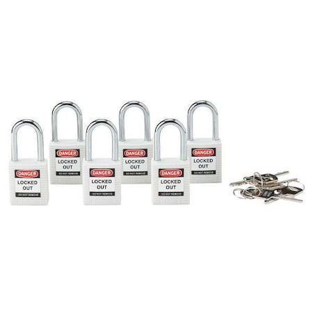 Brady Lockout Padlock, Keyed Alike, Nylon, White, 1 1/2 in Shackle Height, 1 1/2 in Body Width, 6 PK 118950