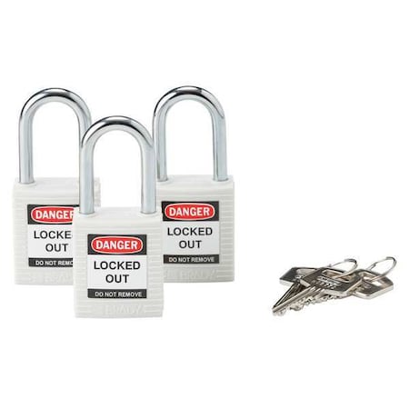 Brady Lockout Padlock, Keyed Alike, Nylon, White, 1 1/2 in Shackle Height, 1 1/2 in Body Width, 3 PK 118949